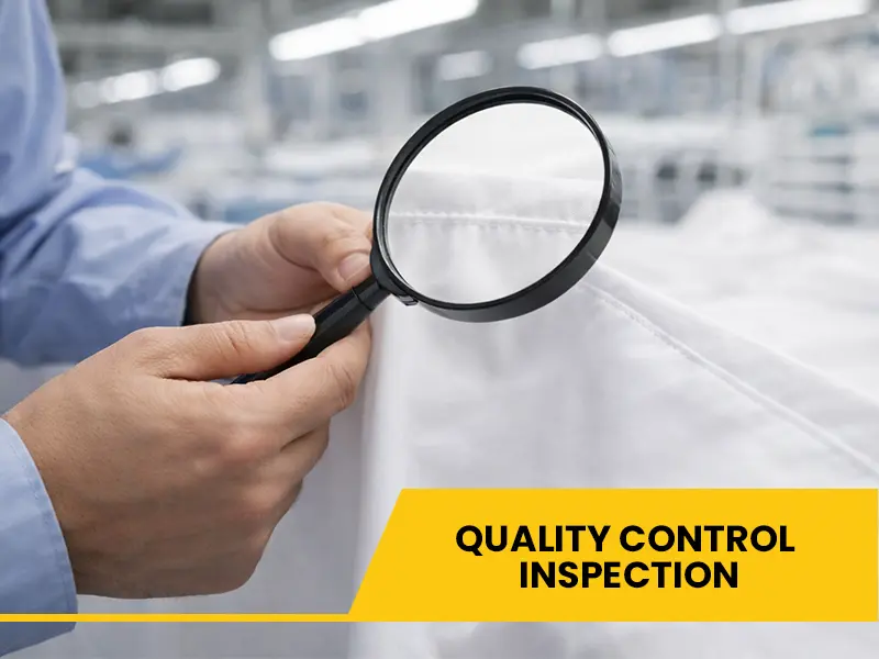 Quality control inspector examining finished bed sheets for defects in manufacturing facility