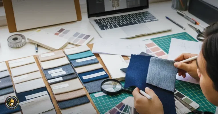 Fabric swatches and color selection for made to order clothing manufacturing samples