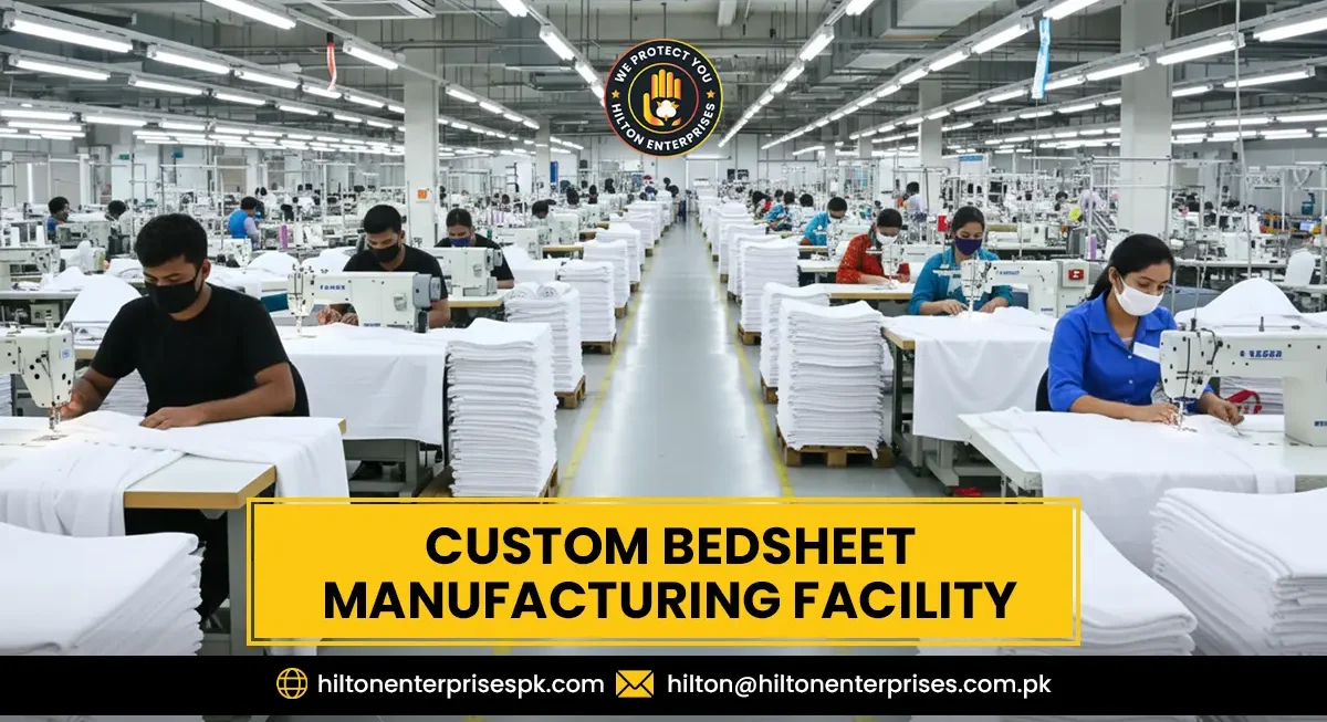 Custom bed sheet manufacturing facility with industrial sewing machines and fabric rolls
