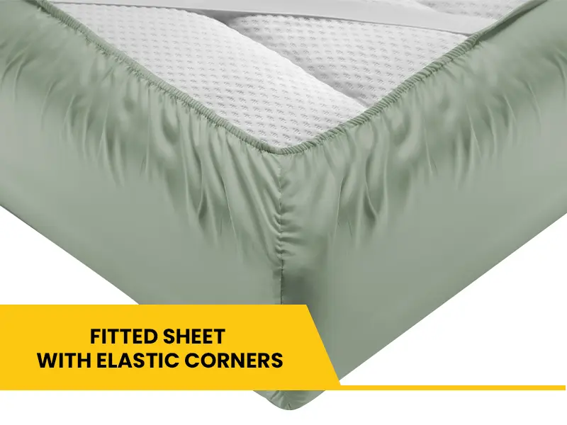 Fitted bed sheet elastic corner construction showing quality manufacturing detail