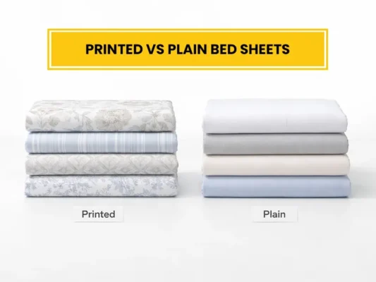 Printed bed sheets and plain solid color sheets showing manufacturing customization options