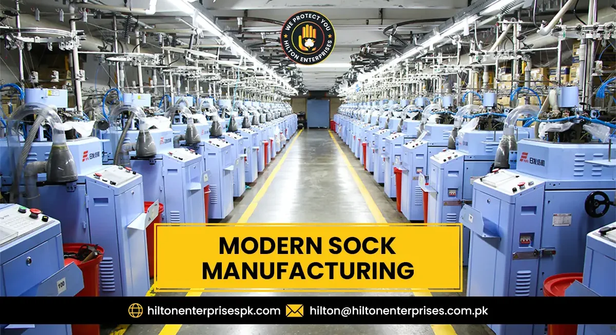 Industrial sock manufacturing facility with circular knitting machines producing custom socks