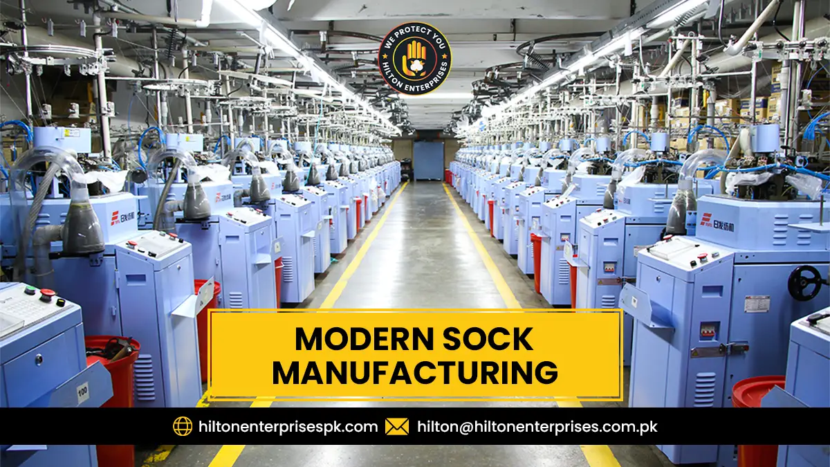Industrial sock manufacturing facility with circular knitting machines producing custom socks