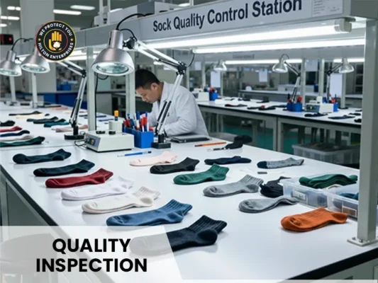 Quality control inspector examining finished socks for defects and sizing accuracy