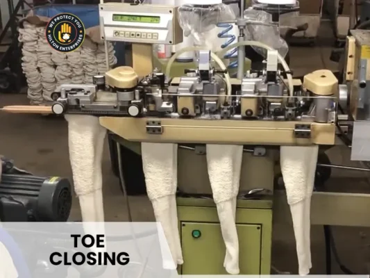 Sock toe closing process showing Rosso linking machine creating seamless construction