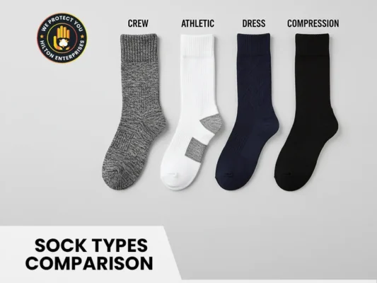 Comparison of different sock types including crew socks, athletic socks, dress socks, and compression socks