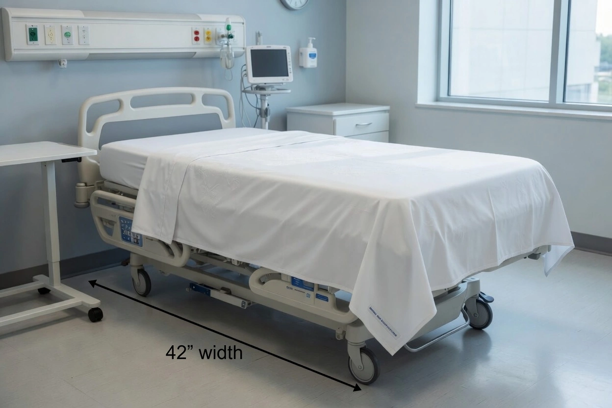 White fitted sheet with deep elastic pocket correctly installed on a wide bariatric hospital bed, clinical ward setting