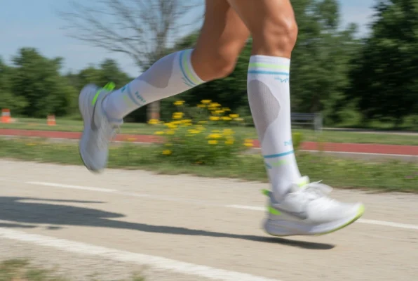 Runner wearing summer compression socks on outdoor trail in warm weather
