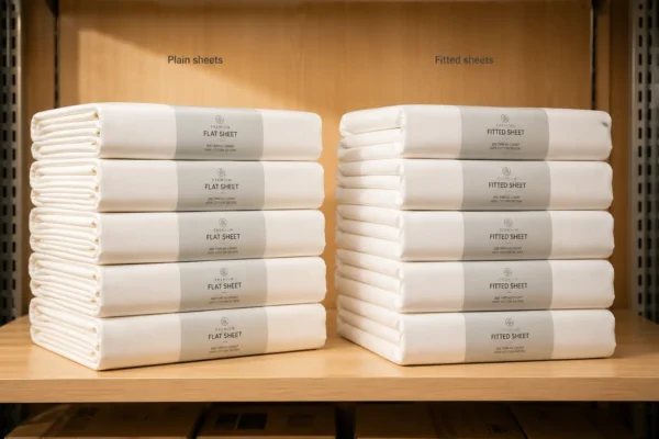 Neatly stacked white flat sheets and fitted sheets in matched fabric lots in professional export packaging ready for bulk wholesale shipment from Pakistan