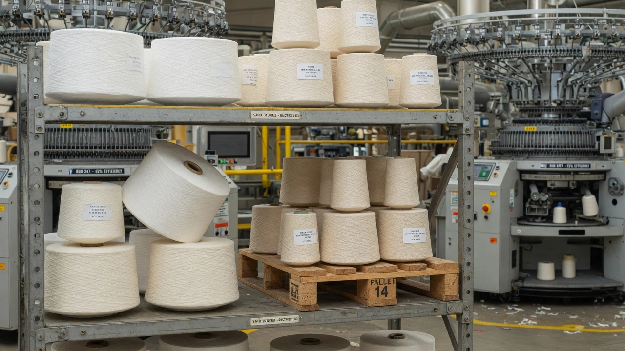Multiple spools of white and natural cotton and nylon yarn on a manufacturing floor, used for knitting custom grip socks