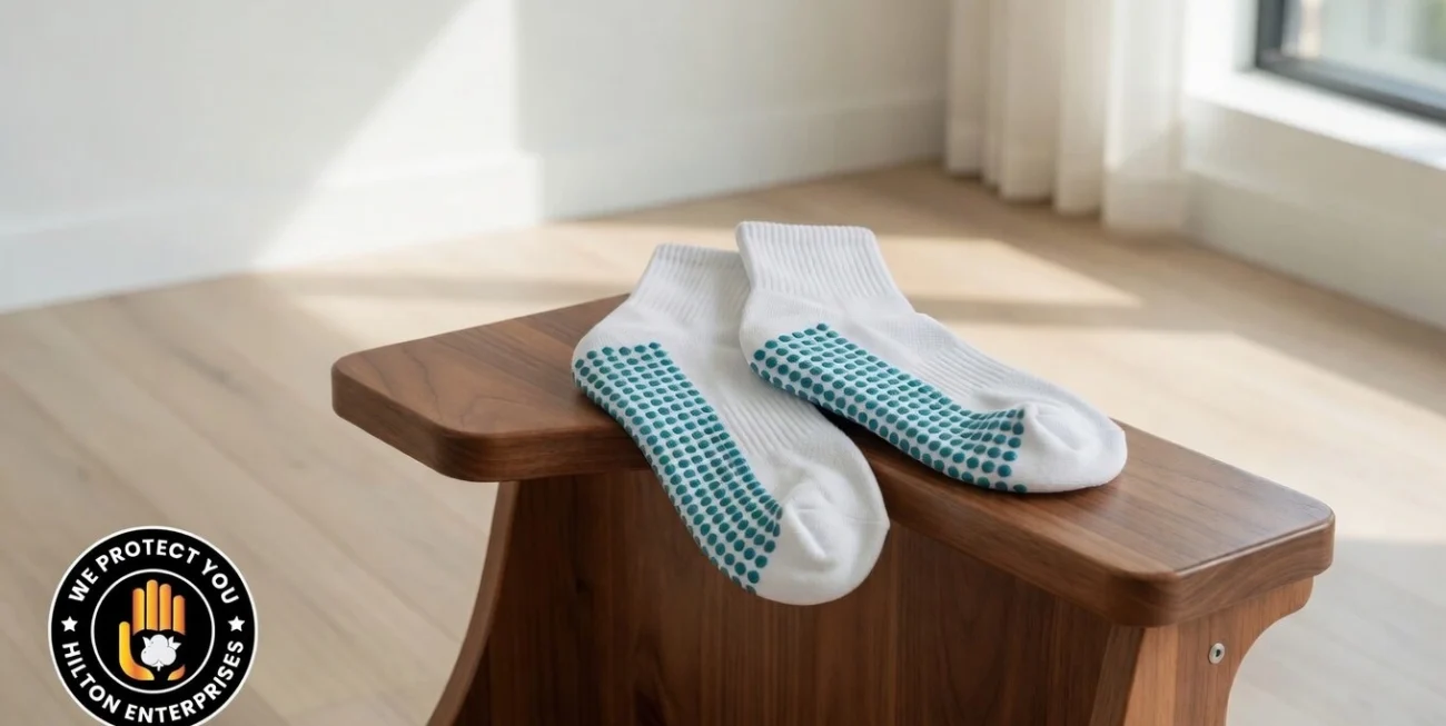 Custom branded grip socks with silicone grip pattern on a wooden reformer footbar in a pilates studio