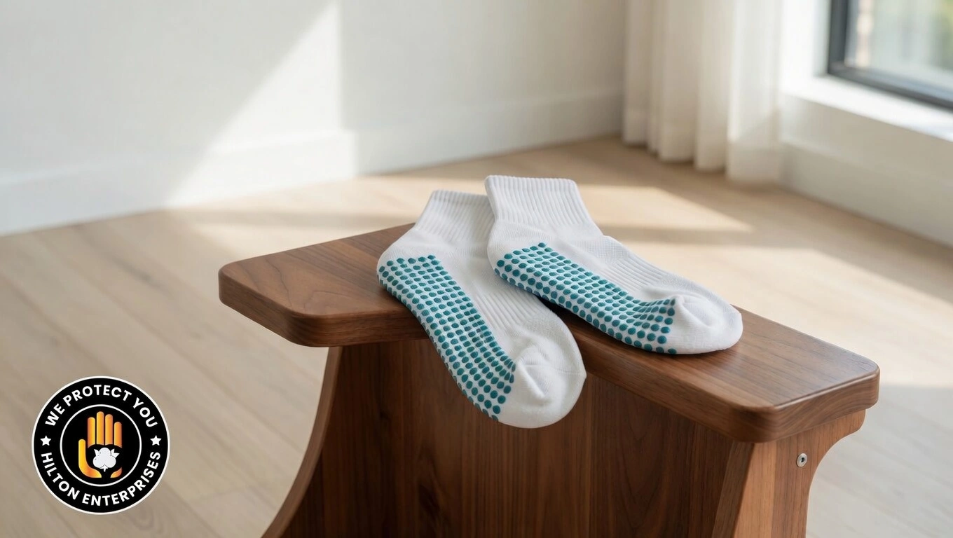 Custom branded grip socks with silicone grip pattern on a wooden reformer footbar in a pilates studio