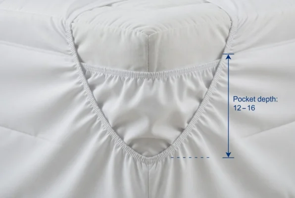 Side profile view of a white fitted sheet elastic pocket stretching around and under a thick hotel mattress corner, showing 12-inch pocket depth