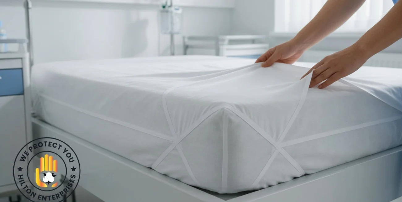 Neatly fitted white hospital bed sheet with deep elastic pocket on a clinical hospital bed, bulk supply