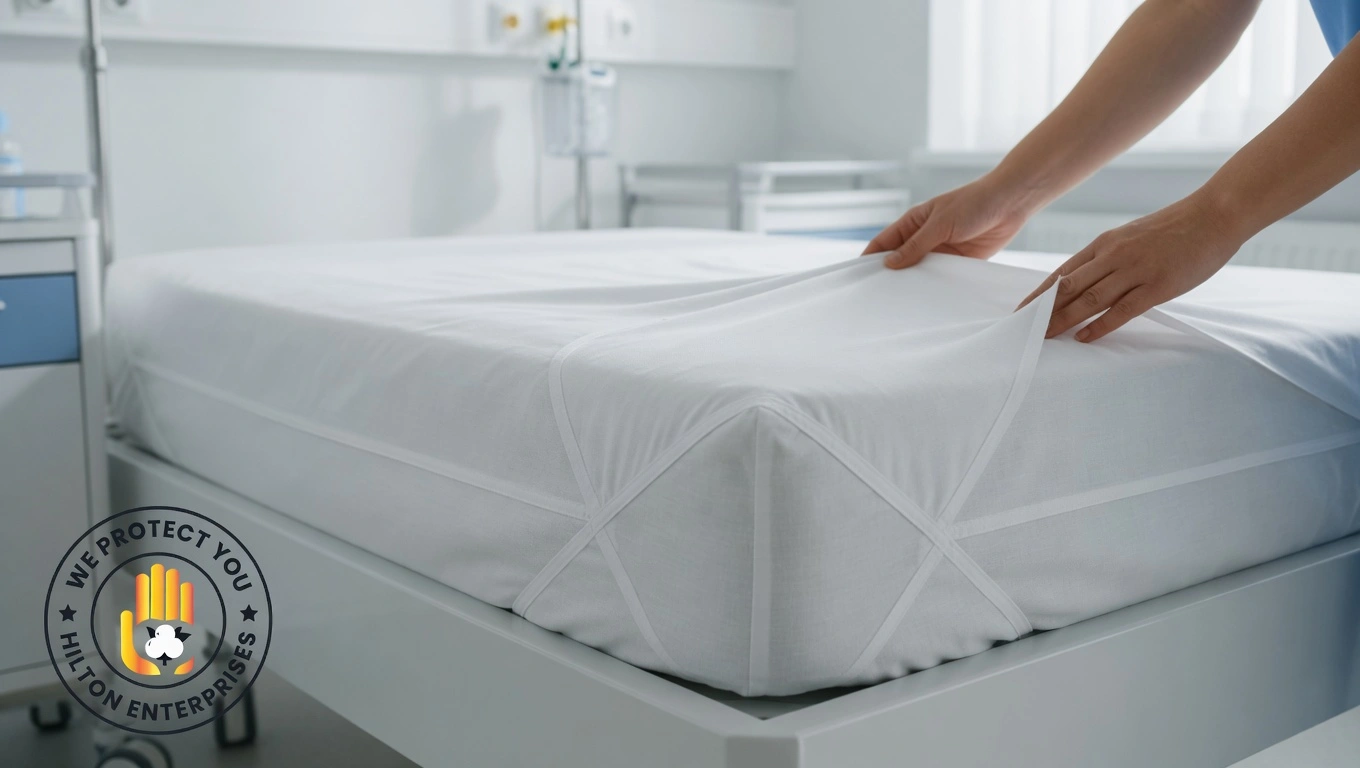 Neatly fitted white hospital bed sheet with deep elastic pocket on a clinical hospital bed, bulk supply