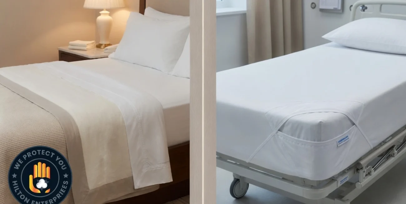 Split image showing a white flat sheet with hospital corners on the left and a white fitted sheet with elastic pocket on the right, hotel linen setting