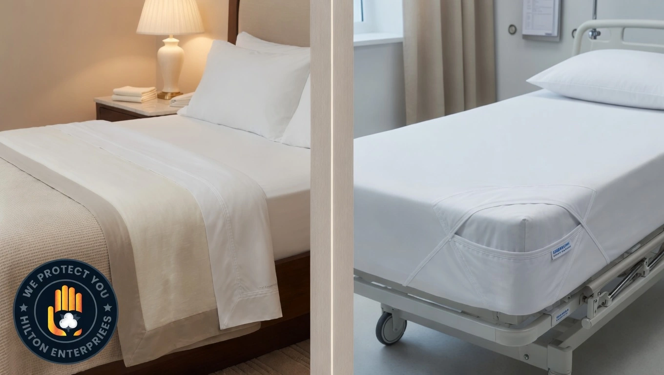 Split image showing a white flat sheet with hospital corners on the left and a white fitted sheet with elastic pocket on the right, hotel linen setting
