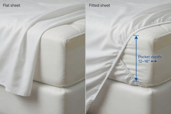 Overhead flat lay comparison: white flat sheet with hemmed edges on the left, white fitted sheet with visible elastic corner pockets on the right