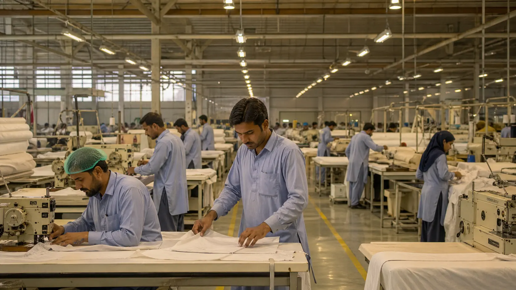 Wide view of Hilton Enterprises ISO 9001 certified textile manufacturing facility in Faisalabad Pakistan producing flat and fitted bedsheets for export