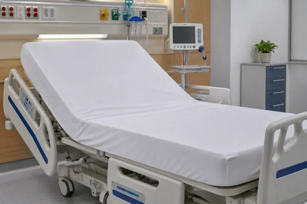 White fitted sheet with deep elastic pocket correctly fitted on an articulating hospital bed in a clean clinical ward, head section raised