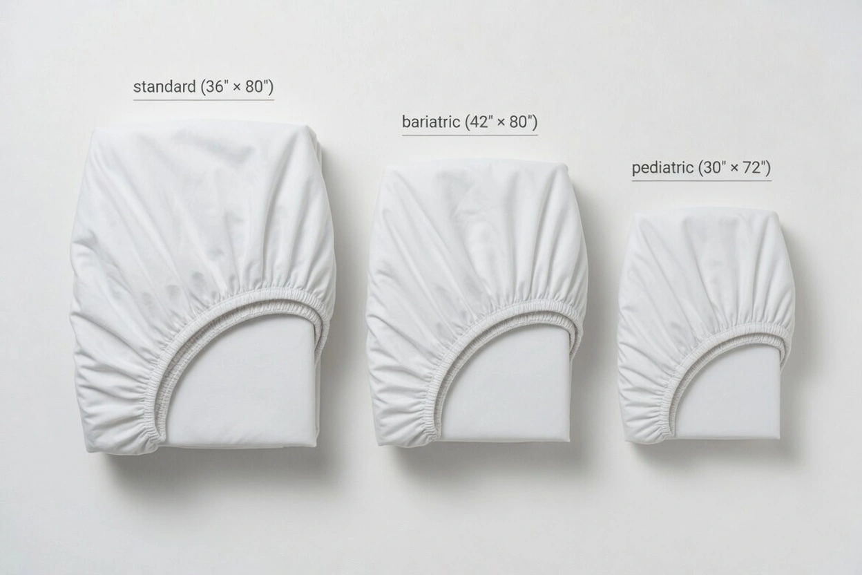 Overhead flat lay showing three white hospital fitted sheets in different sizes: standard 36x80, bariatric 42x80, and pediatric 30x72 inches