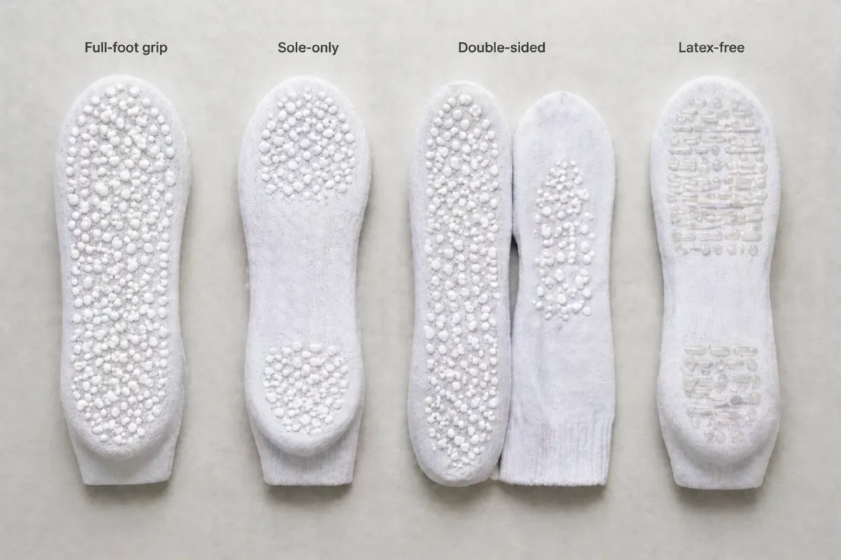 Overhead flat lay of four white hospital socks showing different grip patterns: full-foot, sole-only, double-sided, and latex-free rubber dot variants