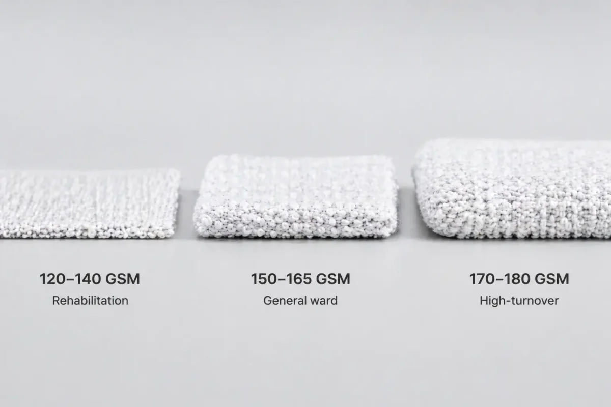 Side-by-side cross-section of three hospital sock fabric samples showing increasing thickness from 120 GSM lightweight to 165 GSM mid-weight to 180 GSM heavyweight