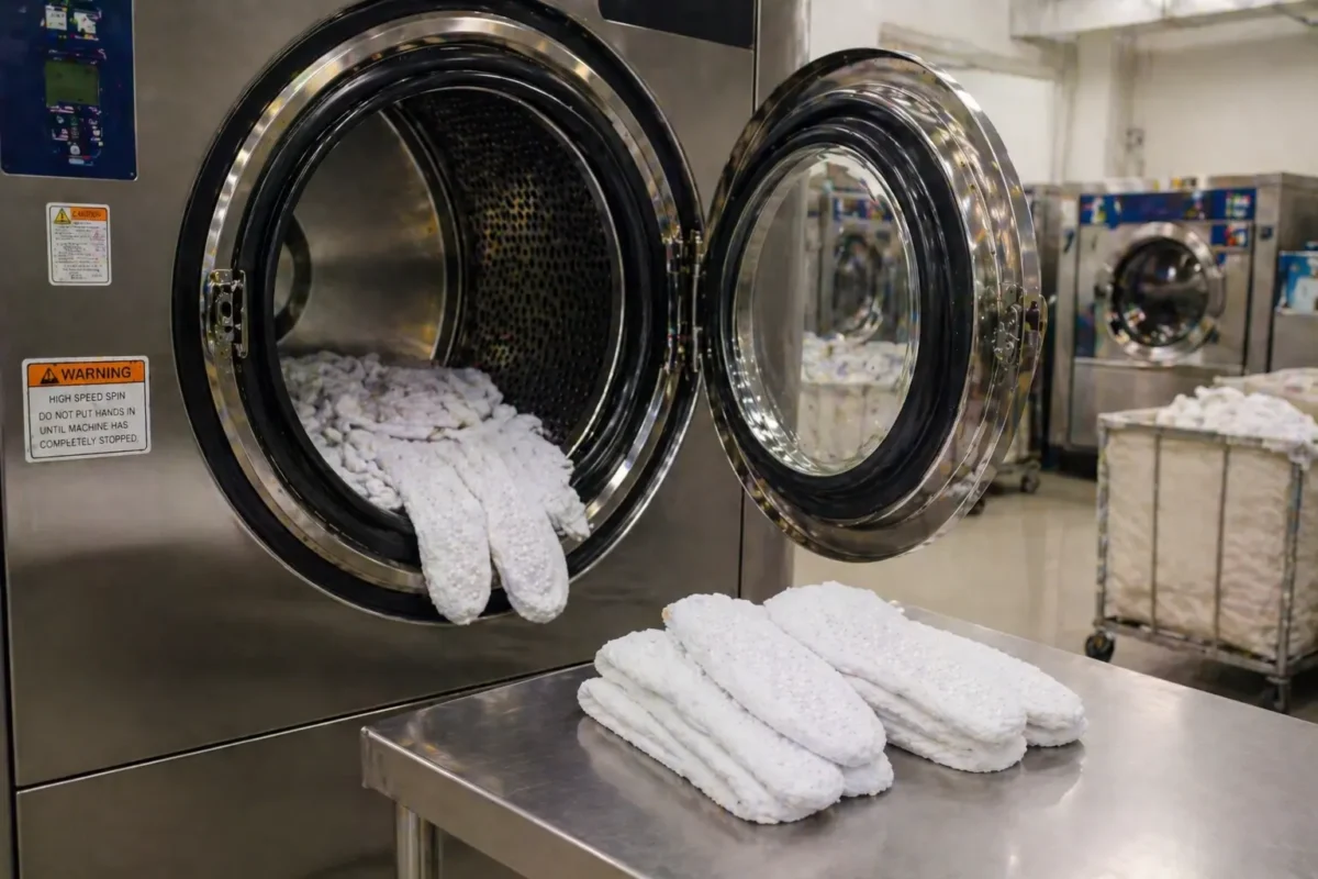 White hospital grip socks being processed through a commercial industrial washing machine in a professional healthcare laundry facility at 60 degrees Celsius