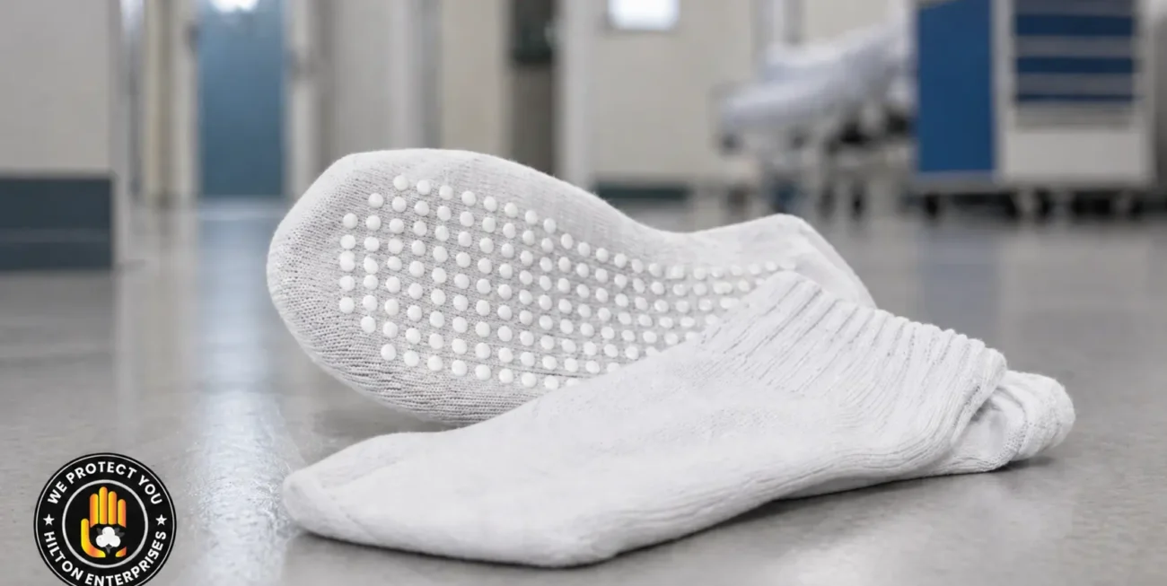 White non-slip hospital grip socks with rubber dot pattern on sole shown on a clean clinical floor surface, institutional healthcare setting
