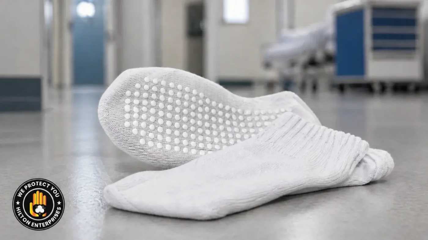White non-slip hospital grip socks with rubber dot pattern on sole shown on a clean clinical floor surface, institutional healthcare setting