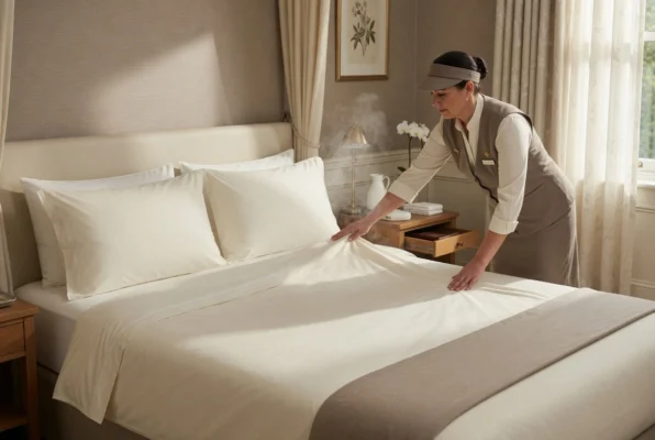 Hotel housekeeper smoothing a crisp white flat sheet over a neatly made hotel bed in a clean modern hotel room