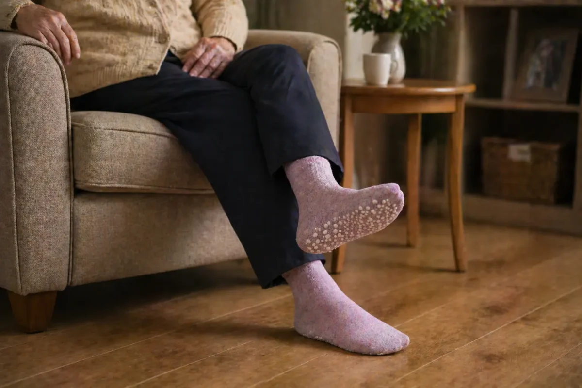 Elderly resident in a care home sitting in a comfortable armchair with colourful non-slip grip socks visible, warm residential living room setting