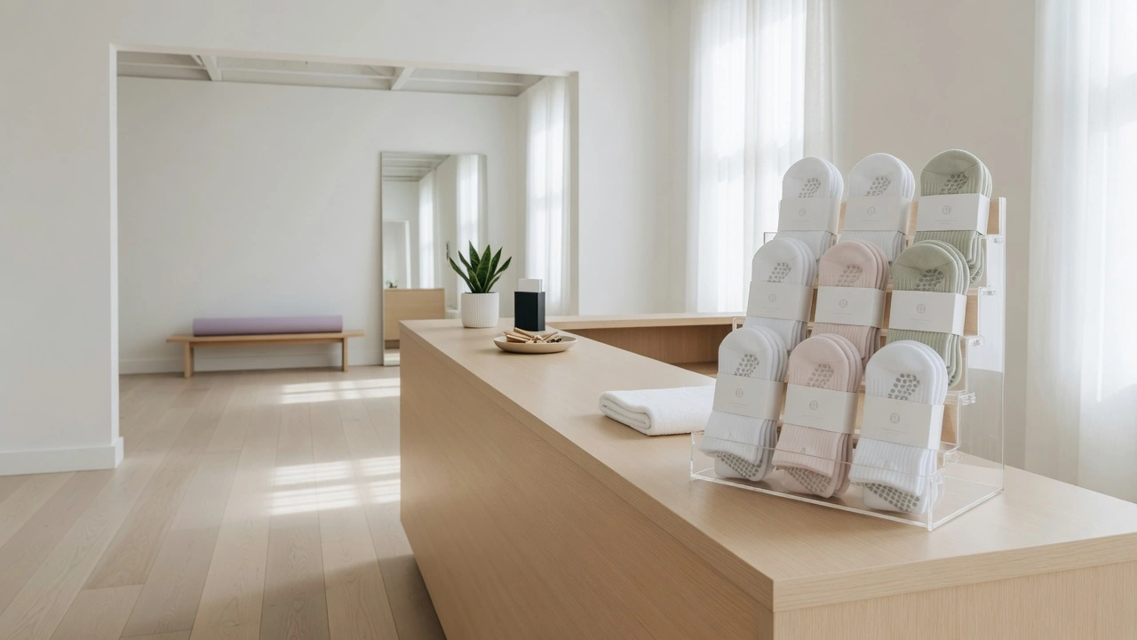 Neatly folded and stacked branded grip socks displayed at a pilates studio reception desk with a plant and clean minimalist decor