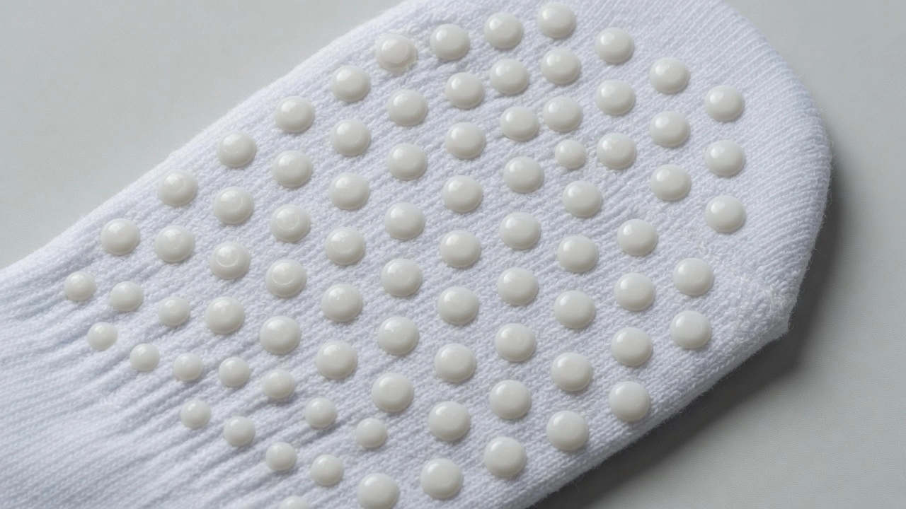 Close-up macro photograph of silicone dot grip pattern on the underside of a white pilates grip sock