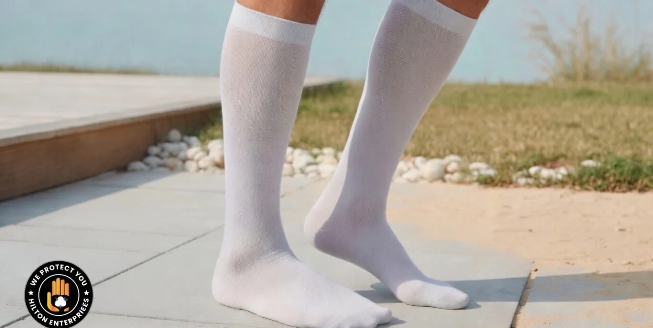 Lightweight summer compression socks on legs in warm outdoor setting