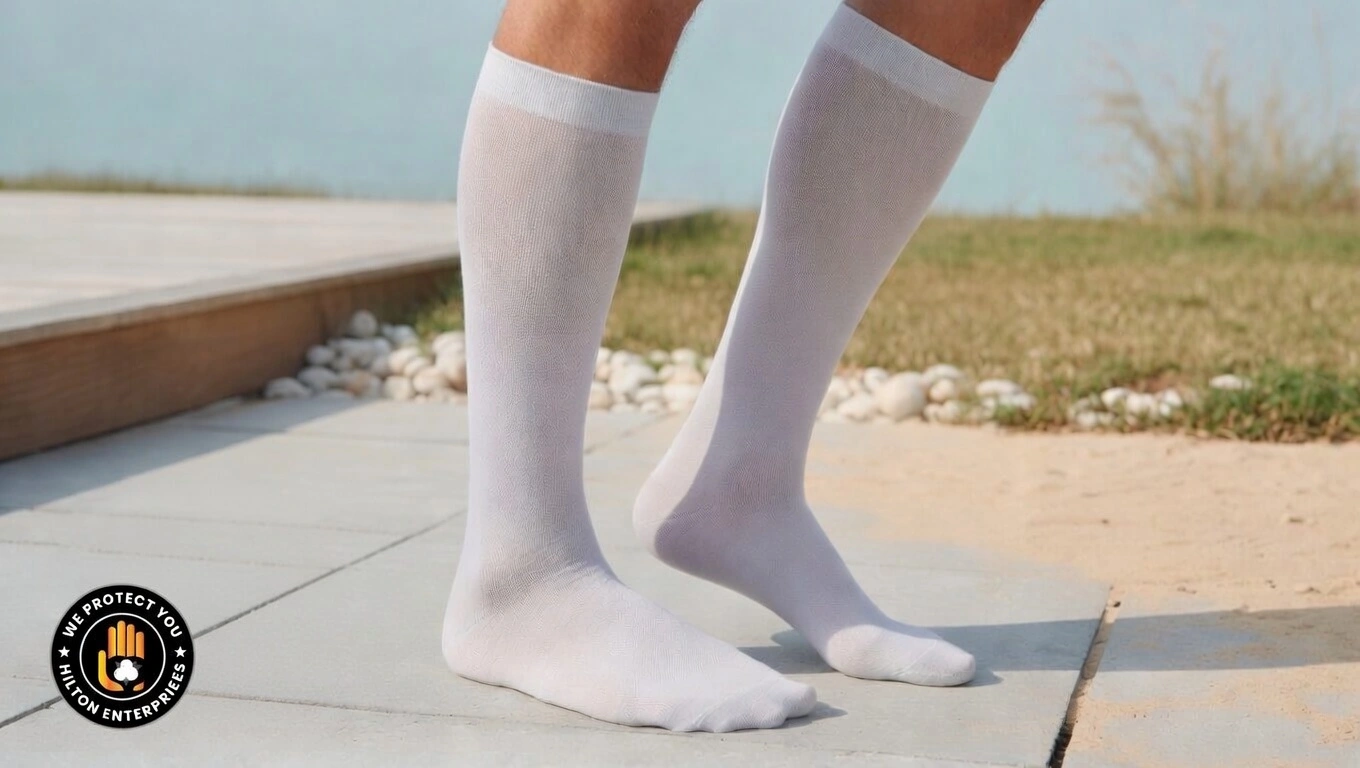 Lightweight summer compression socks on legs in warm outdoor setting