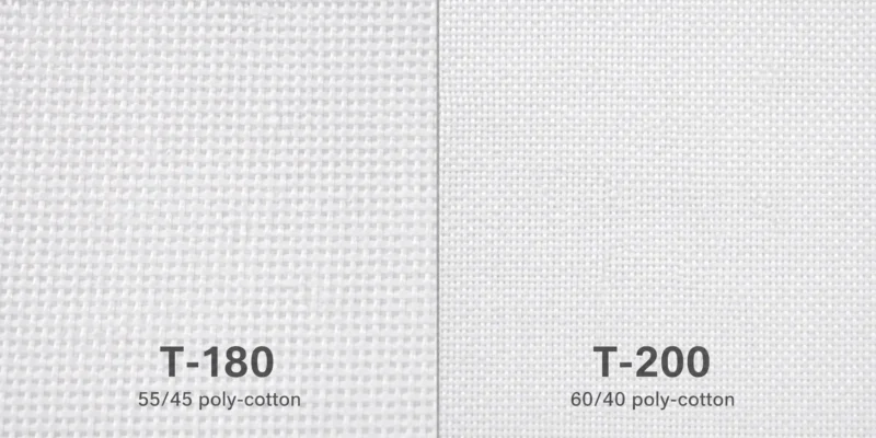 Side-by-side macro comparison of T-180 poly-cotton institutional linen fabric on the left and T-200 poly-cotton fabric on the right showing weave density difference