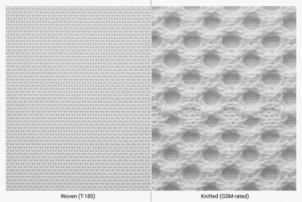 Side-by-side macro comparison: woven poly-cotton hospital sheet fabric (left) vs knitted elasticated hospital sheet fabric (right)