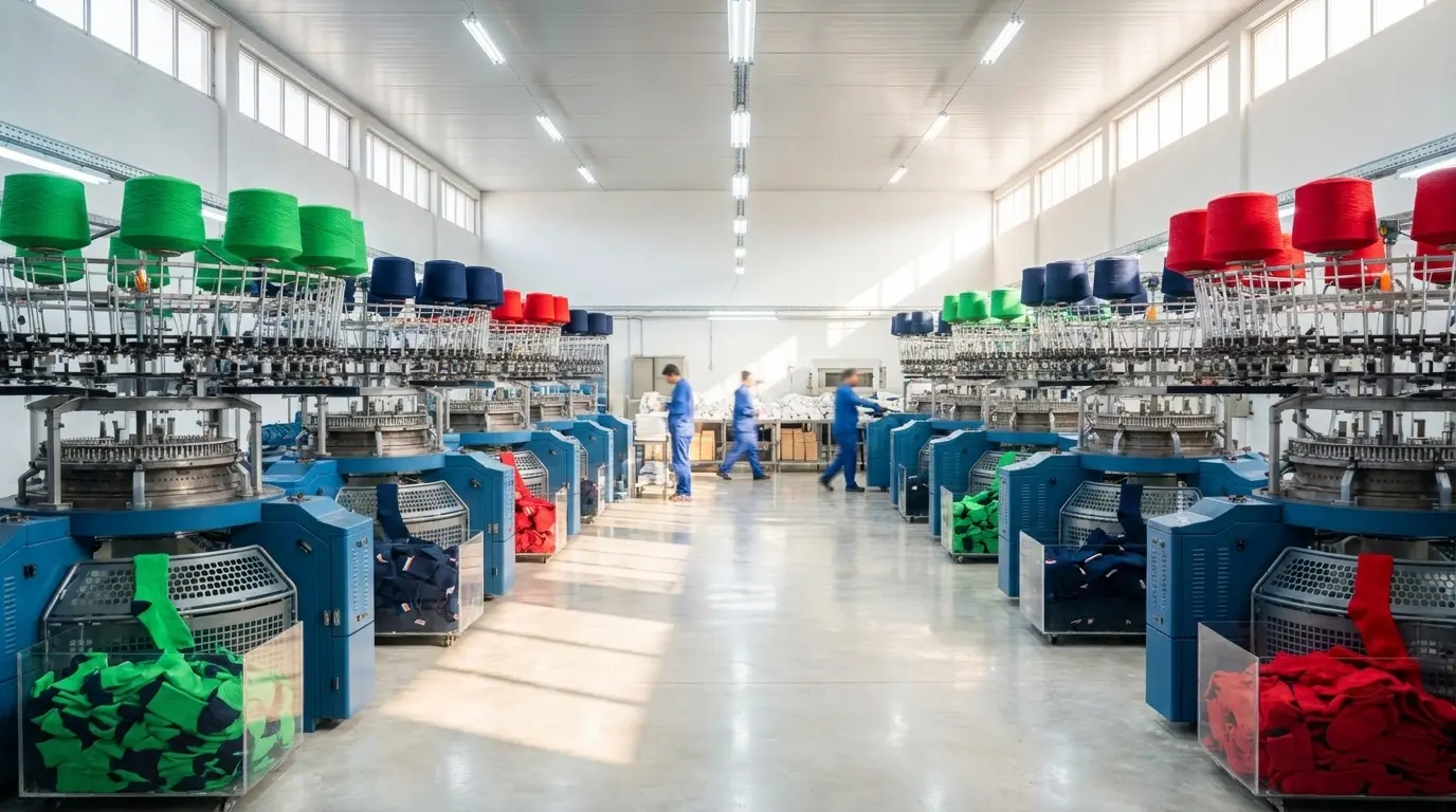 Wide interior shot of Hilton Enterprises manufacturing facility showing industrial knitting machines producing coloured team sports socks in bulk, with yarn spools in multiple team colours visible and finished socks collected at machine outputs