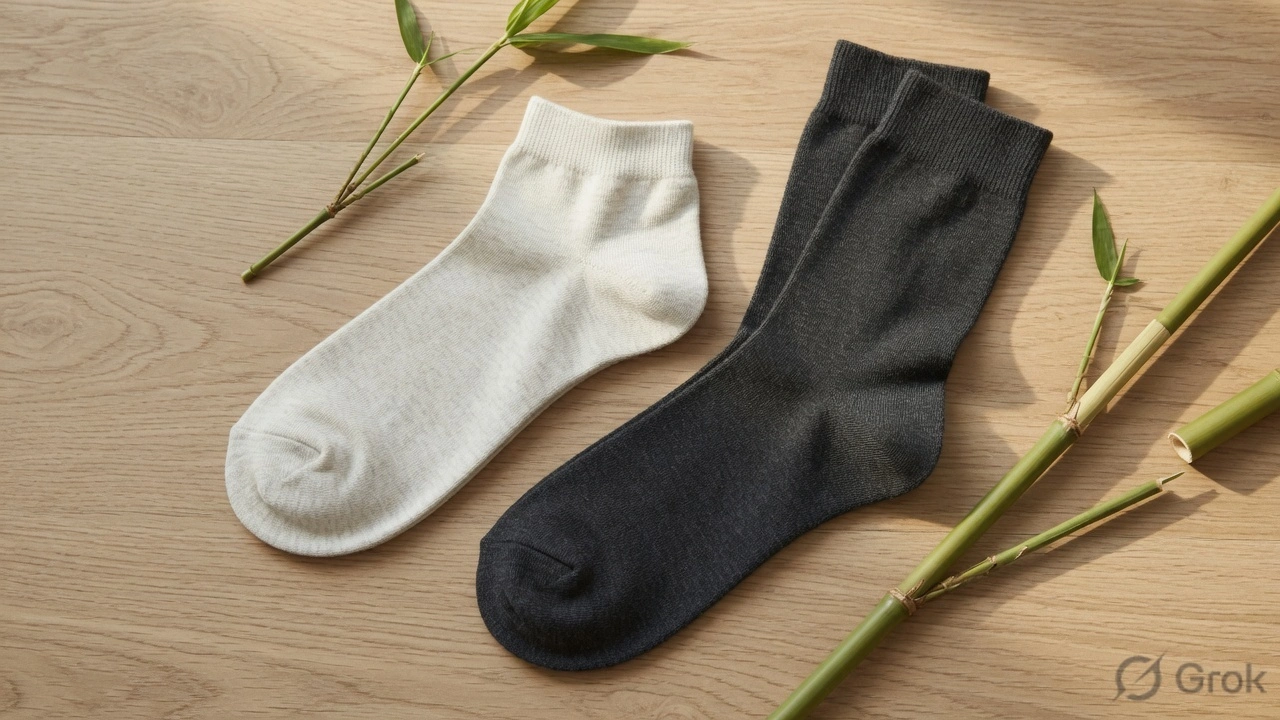 Men's bamboo summer socks in crew and ankle cuts in neutral grey and natural tones laid flat on a clean wooden surface in warm daylight