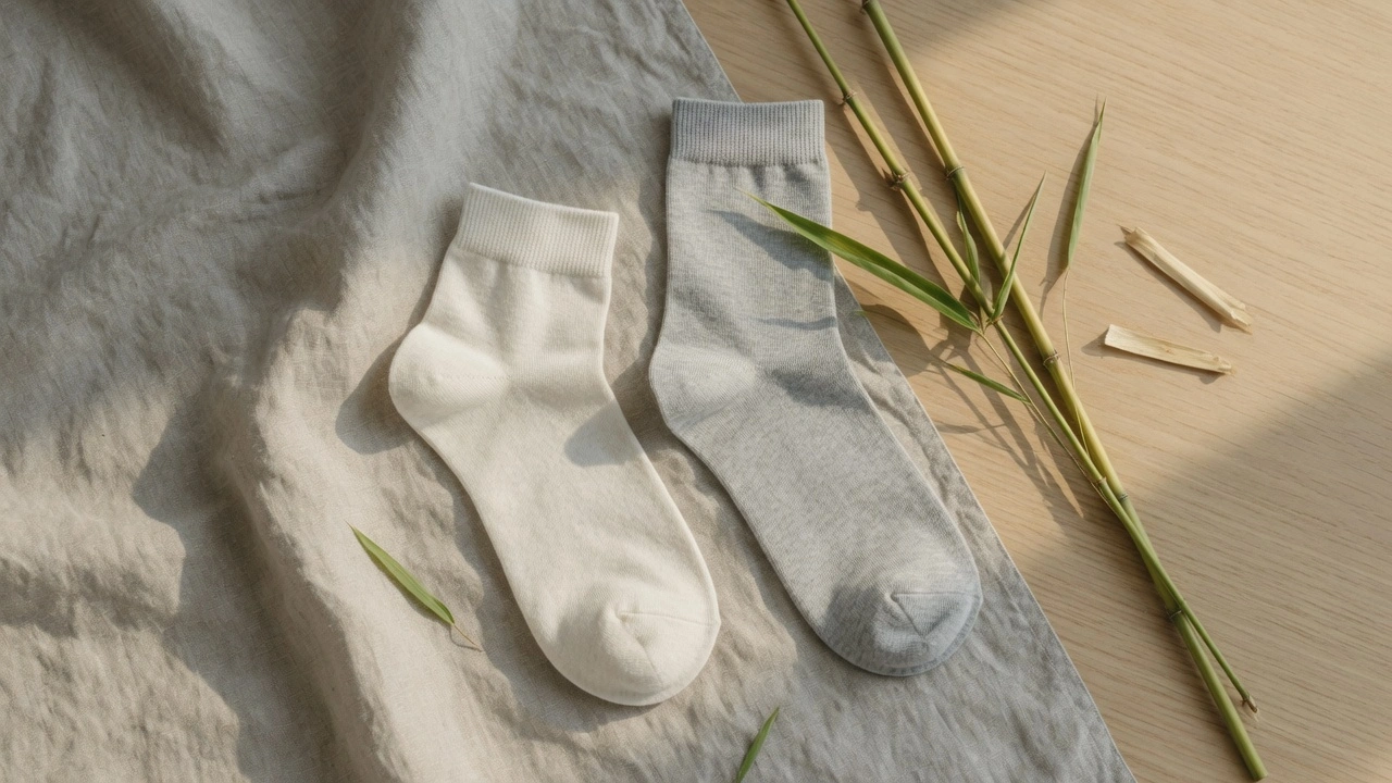 Men's bamboo ankle and crew summer socks in neutral grey and white tones laid flat on a natural surface with bamboo stems beside them in warm daylight