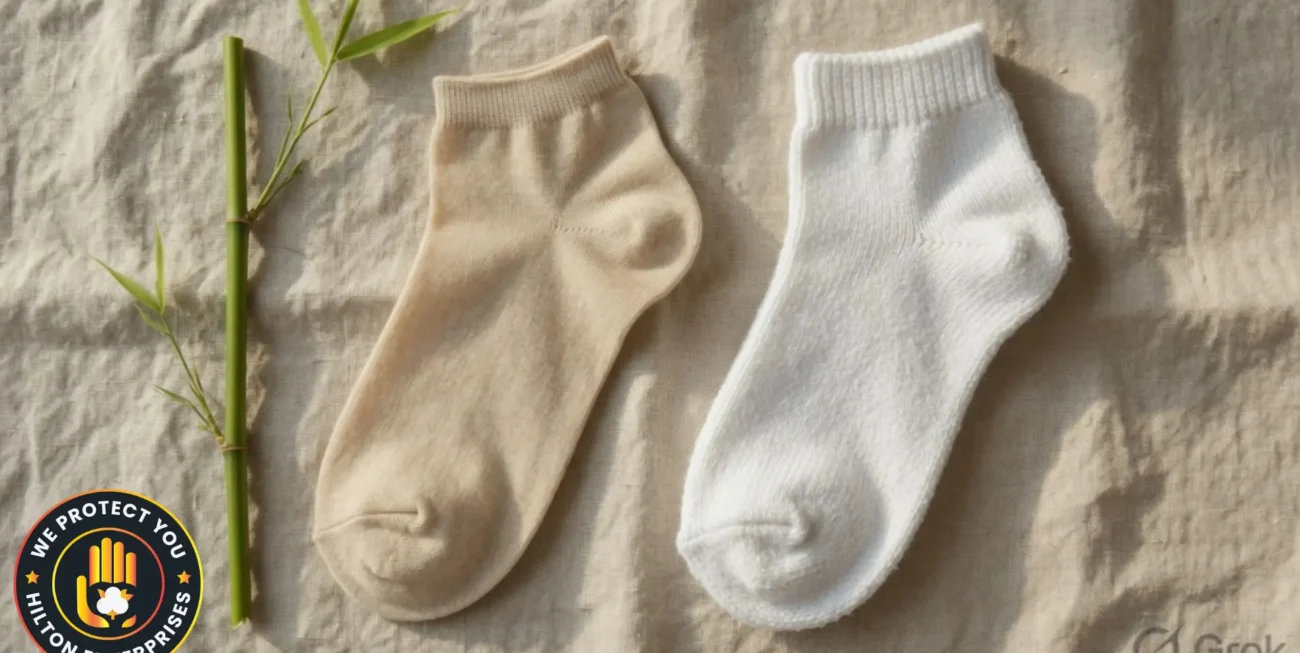 Side by side flat lay comparison of bamboo socks and cotton socks on a clean natural surface showing the visual and texture difference between the two materials