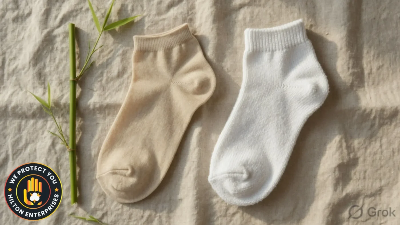 Side by side flat lay comparison of bamboo socks and cotton socks on a clean natural surface showing the visual and texture difference between the two materials