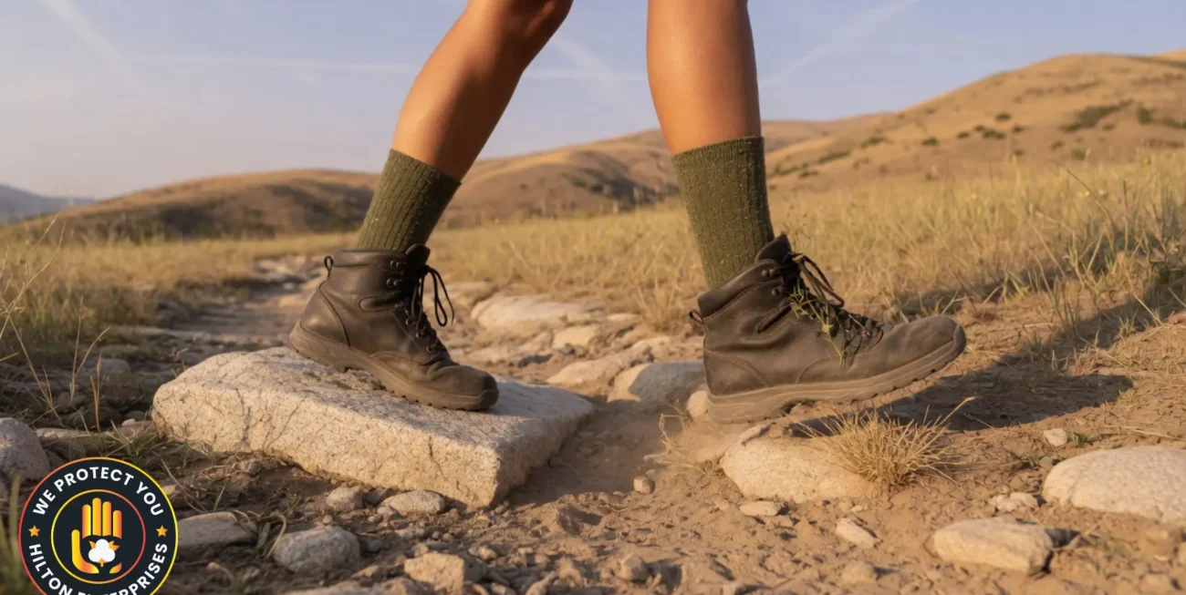 Hiker's lower legs and boots on a rocky summer trail in warm golden light wearing merino wool crew socks visible above the boot collar