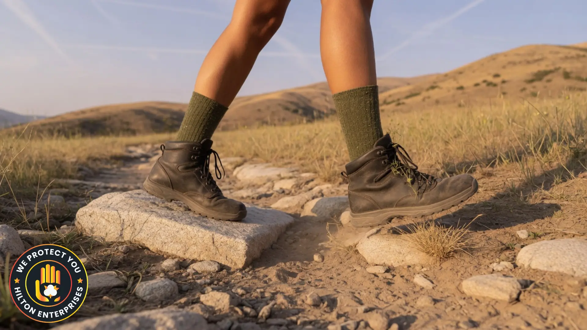 Hiker's lower legs and boots on a rocky summer trail in warm golden light wearing merino wool crew socks visible above the boot collar