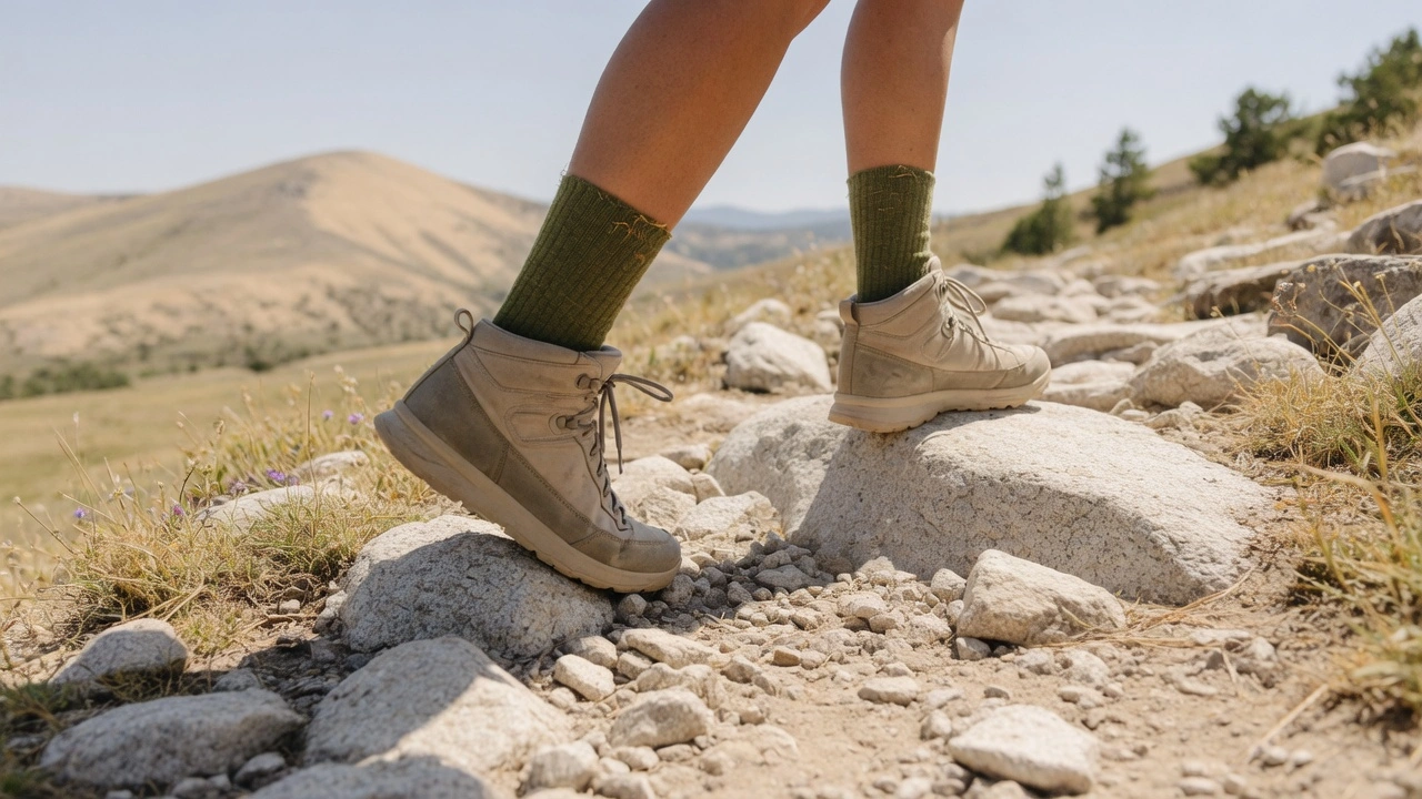 Hiker's legs wearing merino wool crew socks on a rocky summer trail in warm sunlight