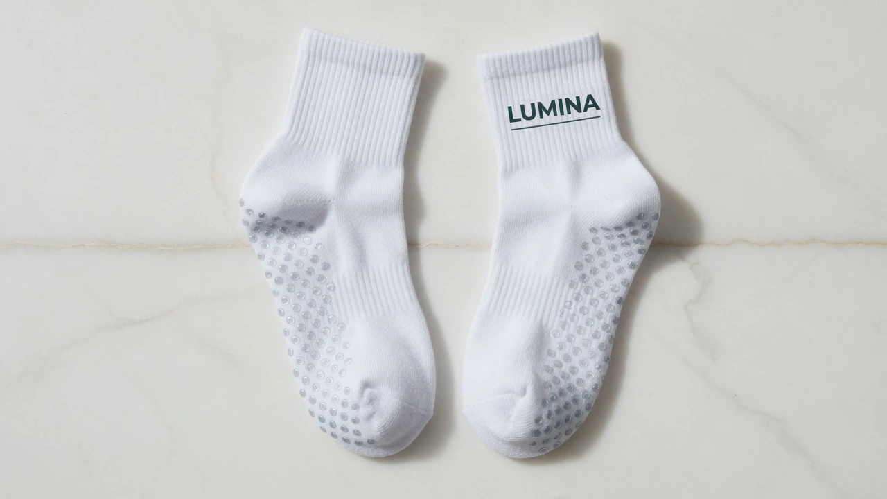 Side-by-side flat lay of two white pilates grip socks on a clean surface — left is a plain unbranded blank wholesale sock, right is the same sock with a clean studio logo woven into the ankle cuff showing the difference between blank and custom branded wholesale