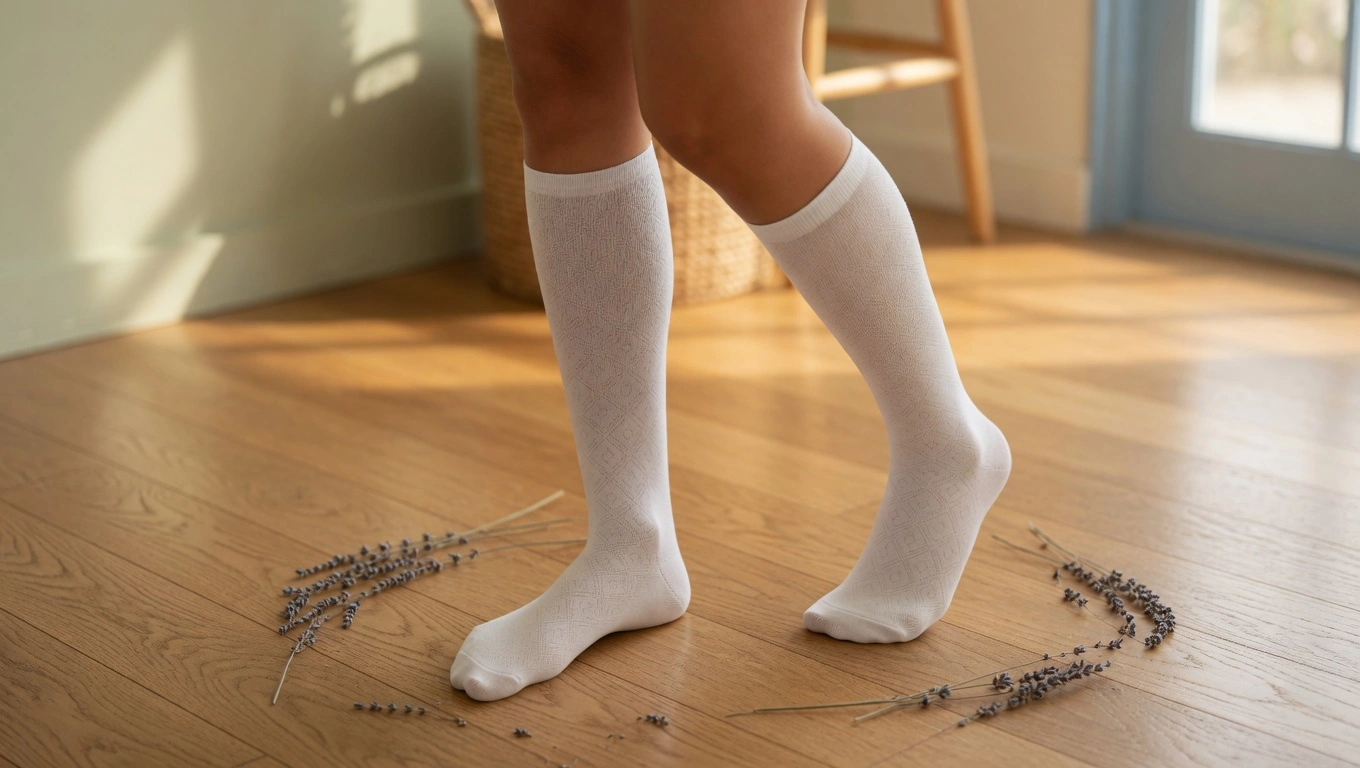 Person's feet in breathable compression socks standing on a hard floor during a long work shift in summer