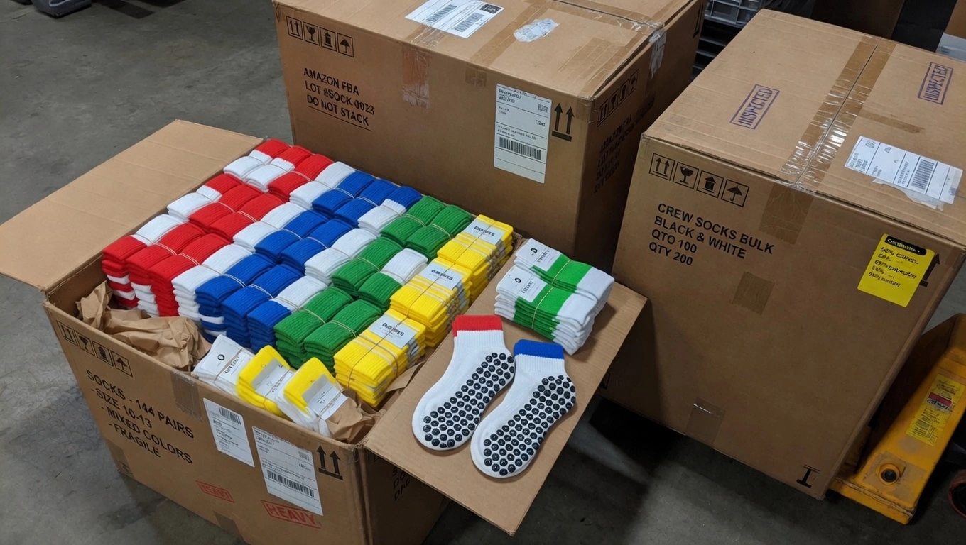Neatly organised stacks of bulk-packaged colour-coded hospital socks — yellow, red, white and green — sorted by colour in professional export packaging