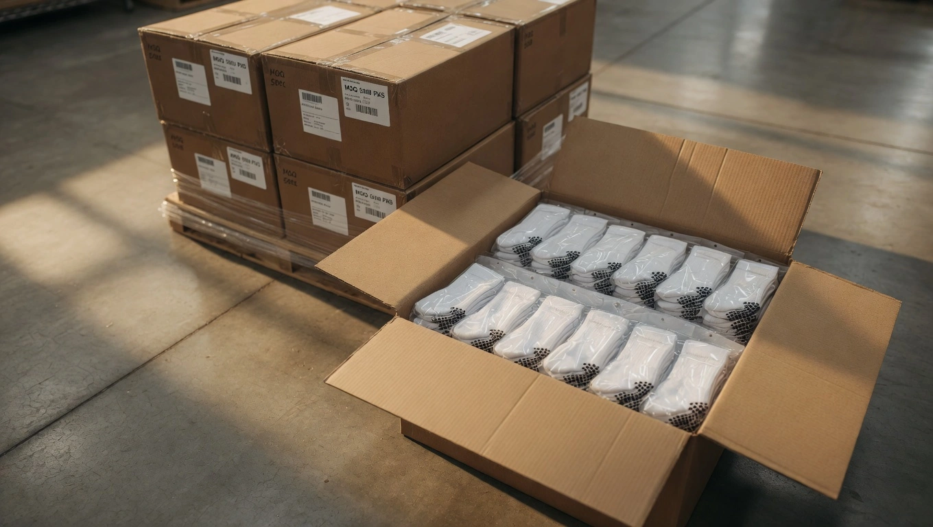 Stacked cartons of bulk custom grip socks on a warehouse pallet ready for wholesale export, with individual sock pairs neatly packed inside open box